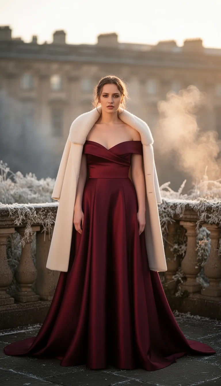 burgundy gown cream coat