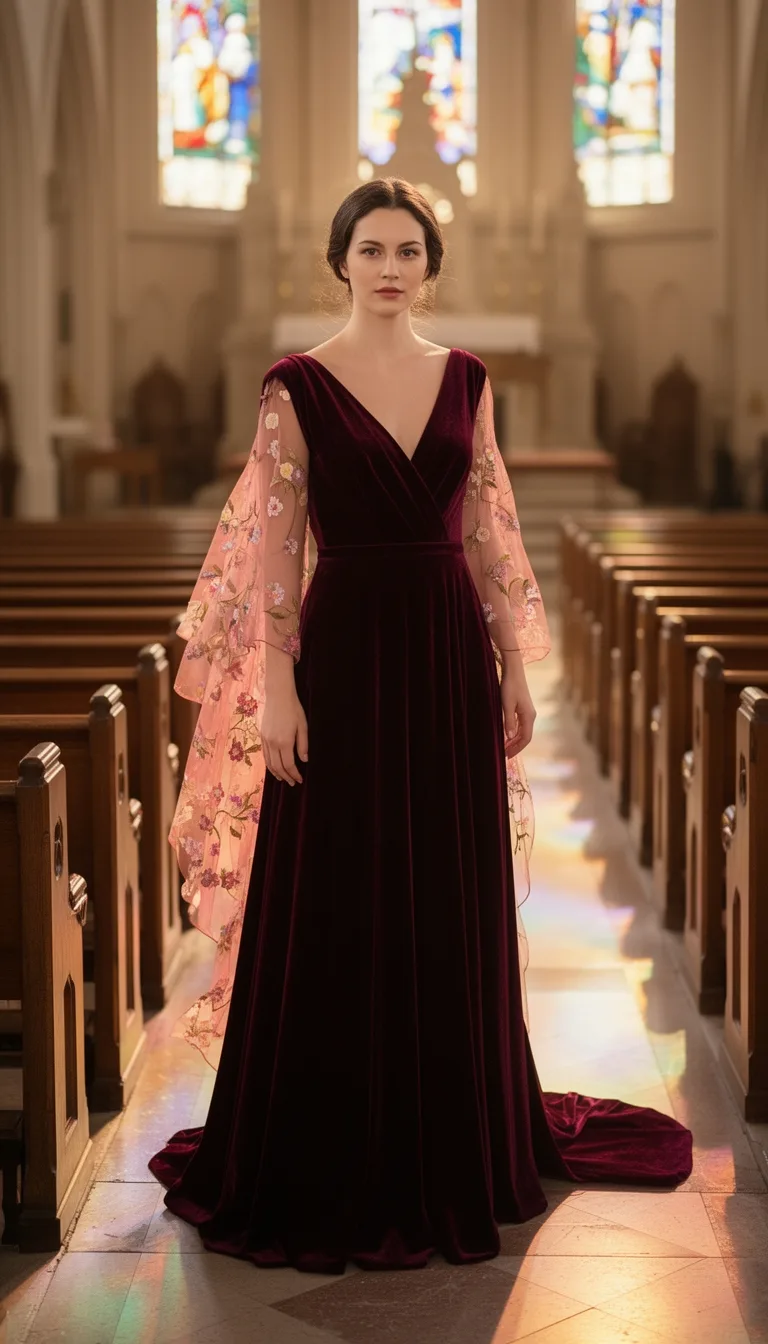burgundy velvet gown with sleeves
