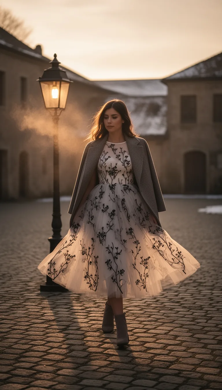 black embroidered tulle midi