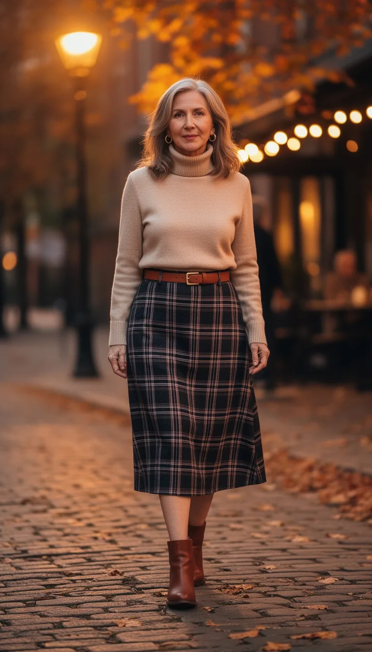plaid midi tucked turtleneck