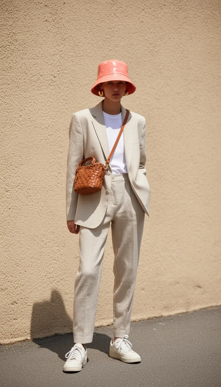 bright bucket hat elevates neutrals