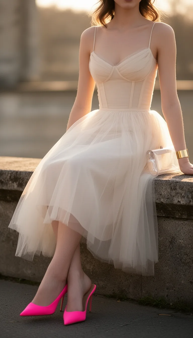 tulle midi with neon heels