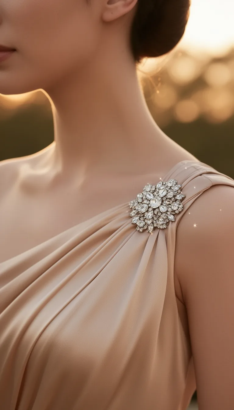 one shoulder silk with brooch