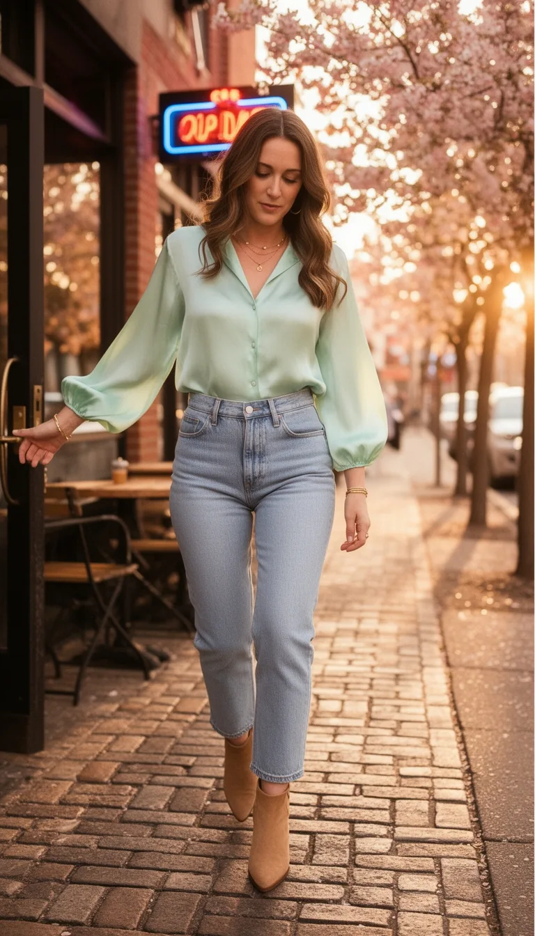 pastel blouse high waist denim