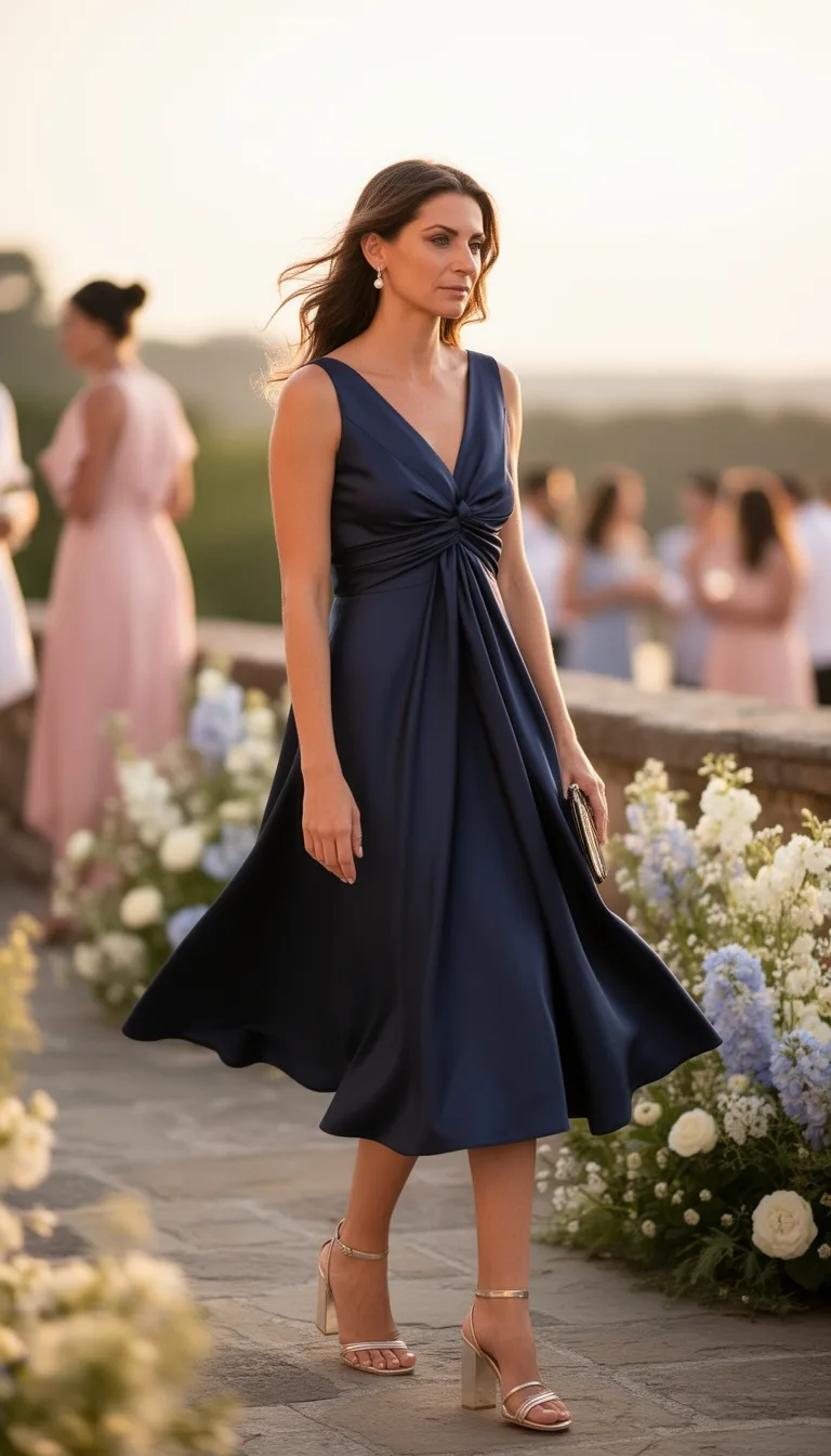 navy satin tie front midi
