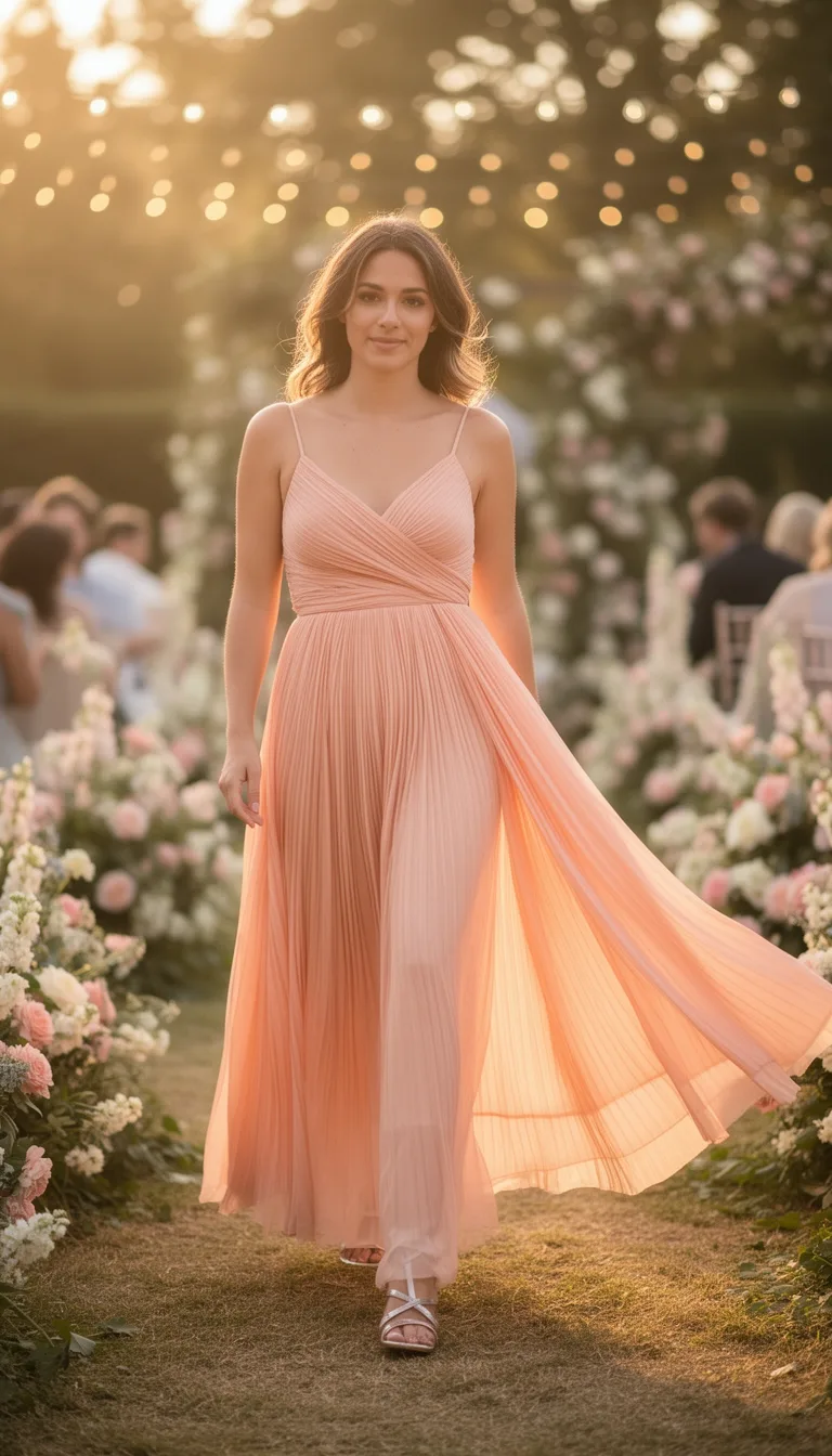 peach pleated chiffon maxi