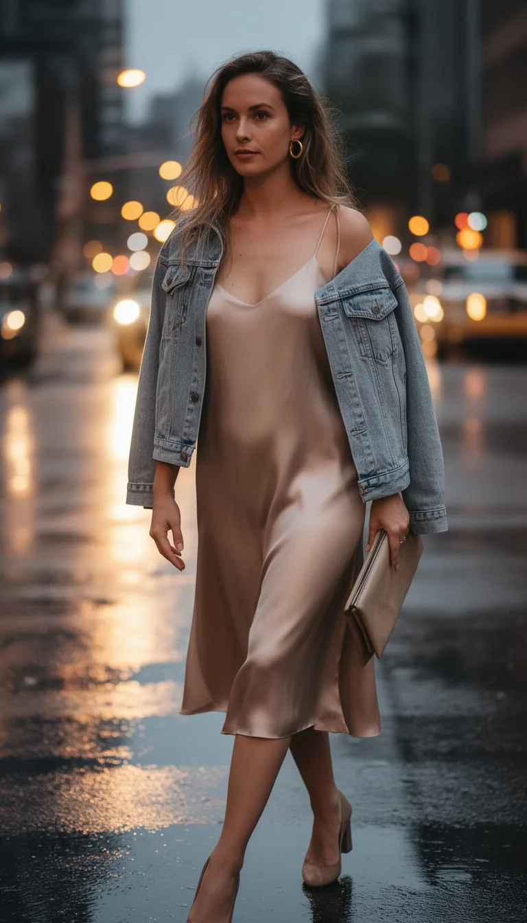 satin slip with denim