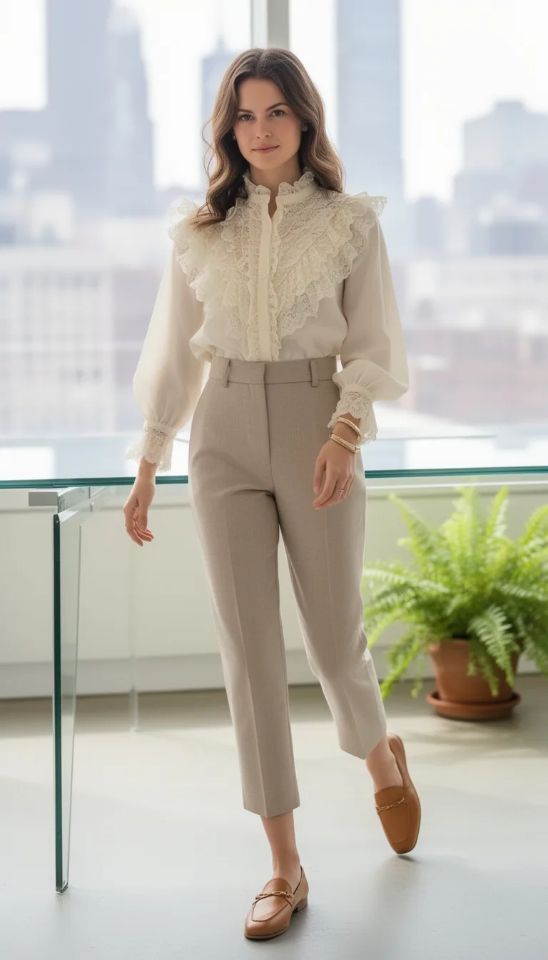 ruffled blouse with cropped trousers