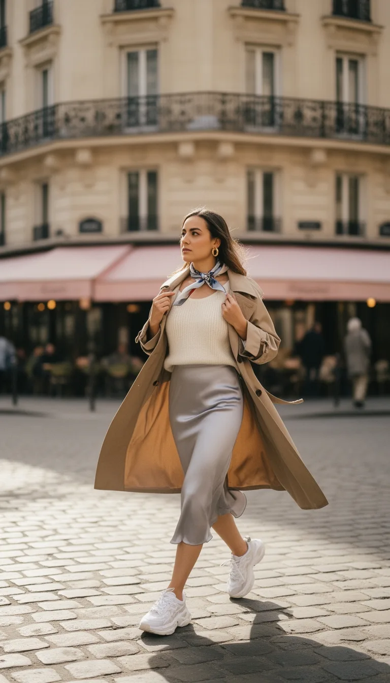 satin skirt with sneakers