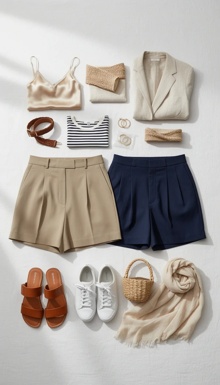 tailored mid rise neutral shorts