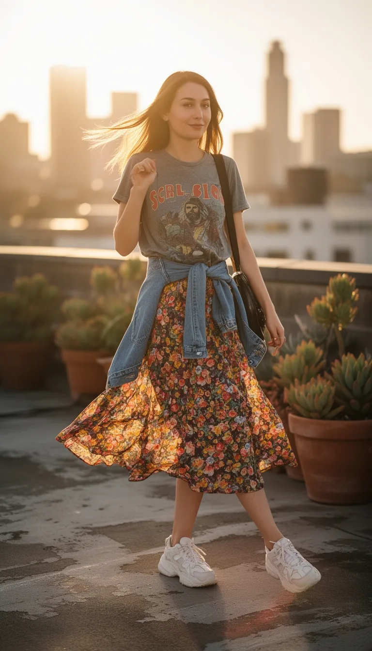 breezy midi with graphic tee