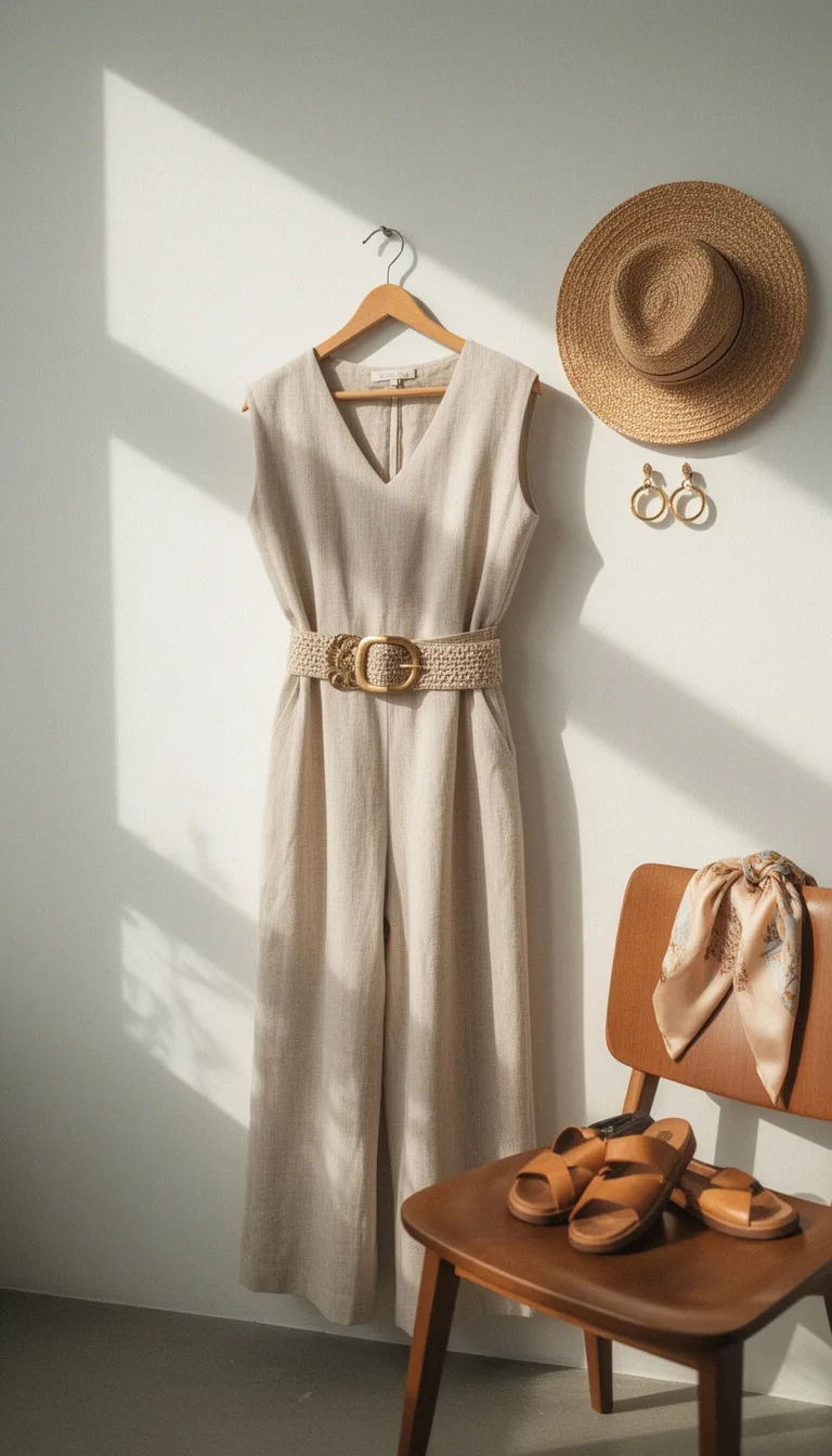 neutral jumpsuit with metallic belt