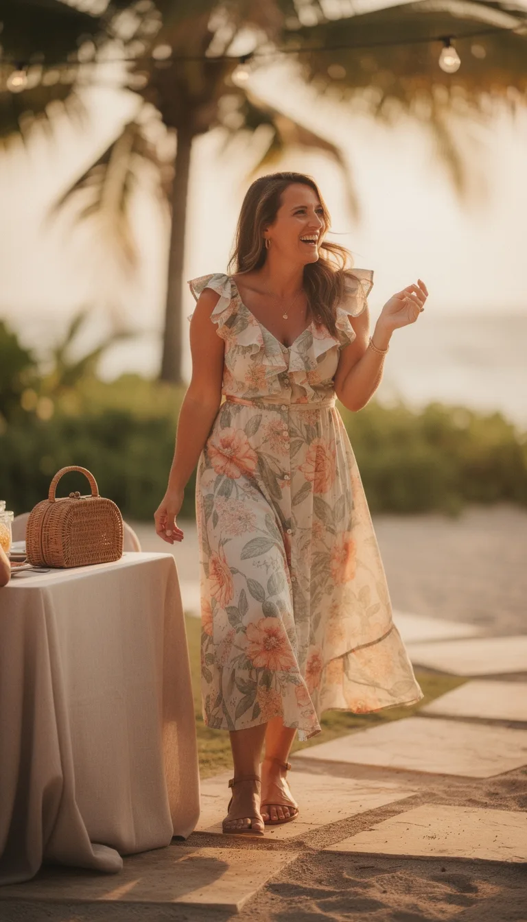coral cream ruffled summer dress