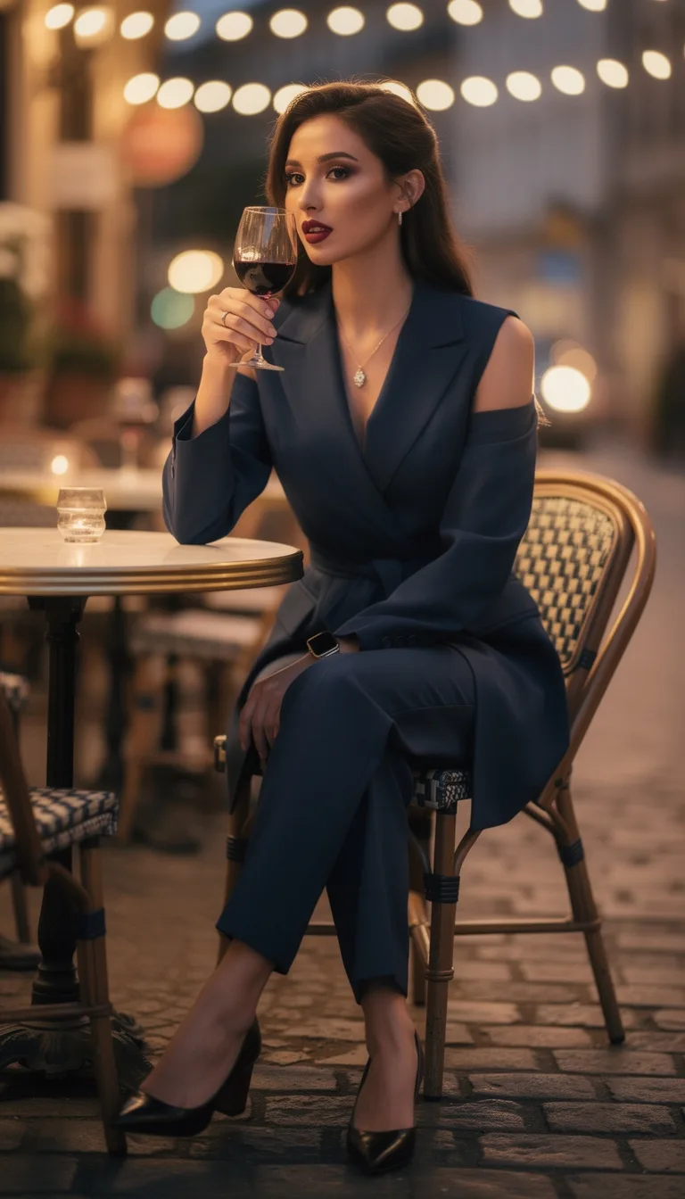 structured navy jumpsuit ensemble