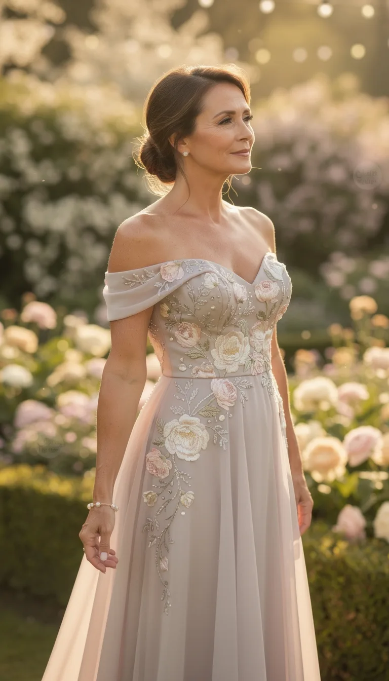 embroidered off shoulder evening elegance