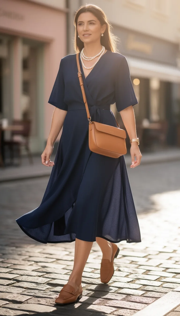 navy wrap dress pearls