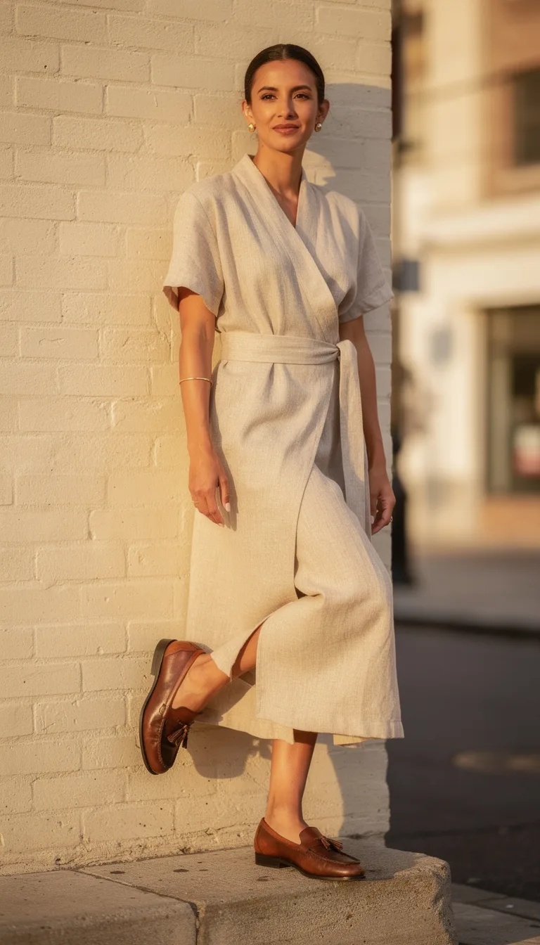 beige linen wrap ensemble