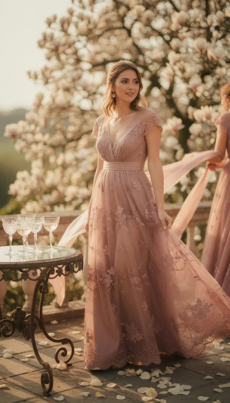ruched dusty rose lace gown