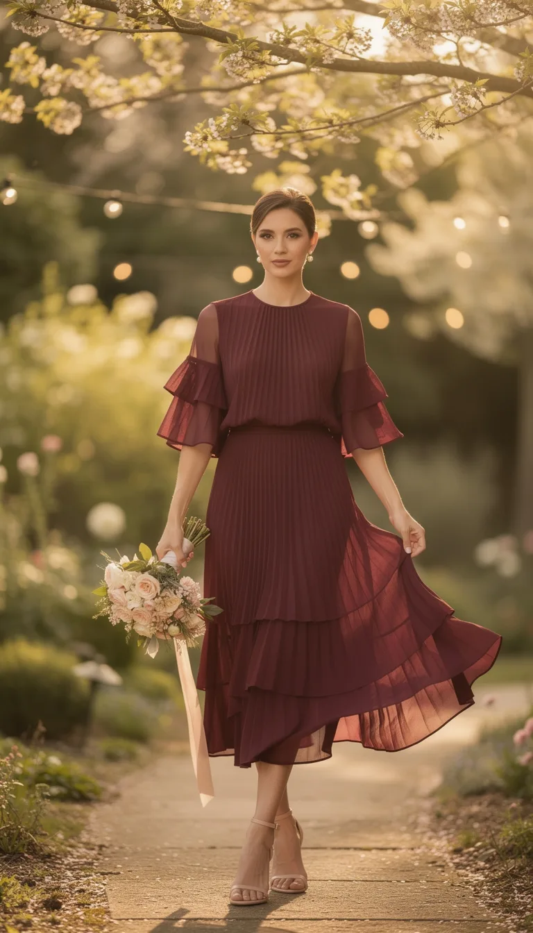 pleated burgundy tiered midi