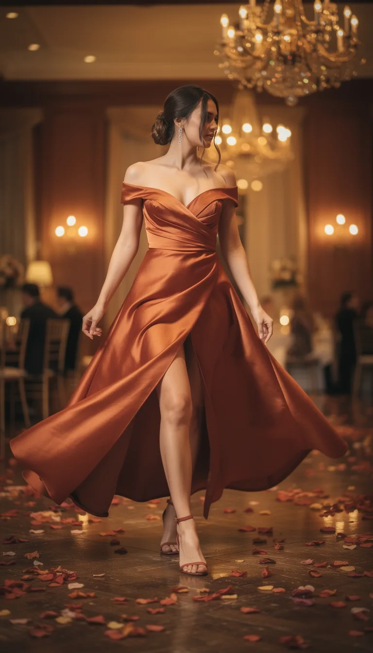 rust orange satin column gown