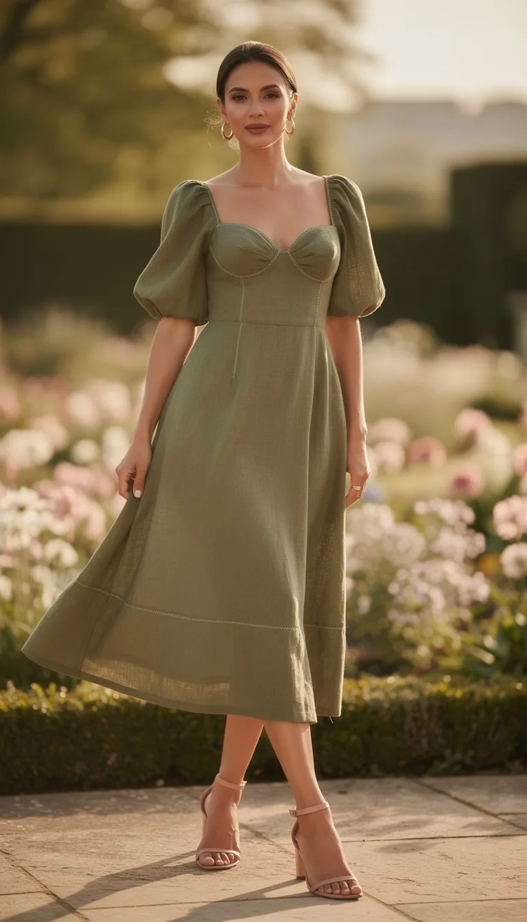 olive puff sleeve sweetheart midi
