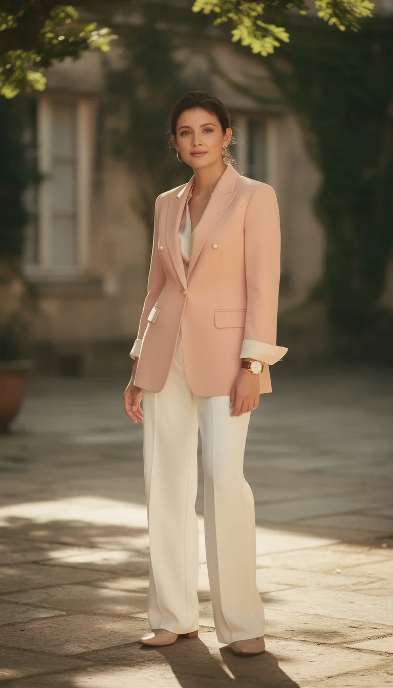 blush blazer white trousers
