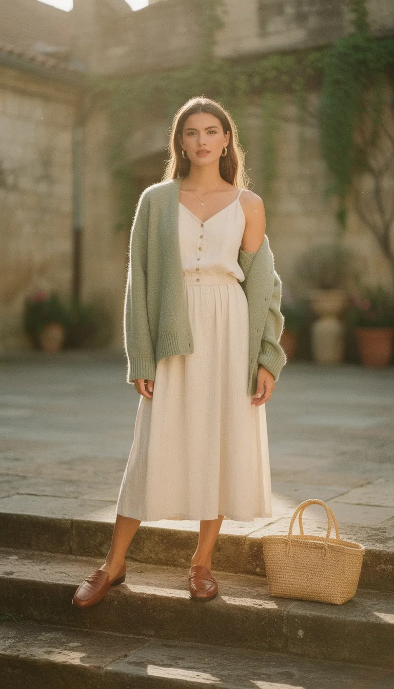 ivory dress sage cardigan