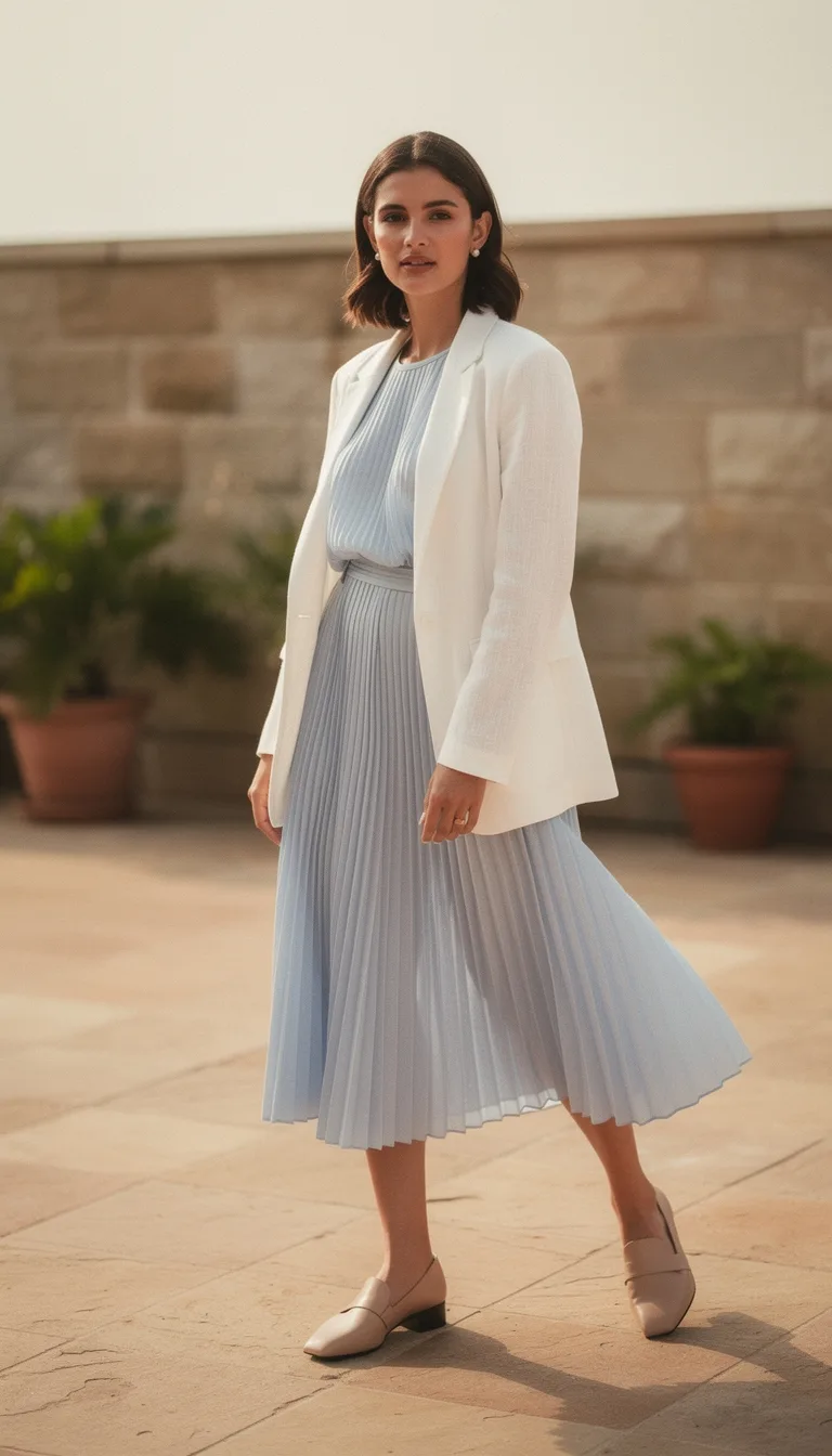 pleated blue dress harmony