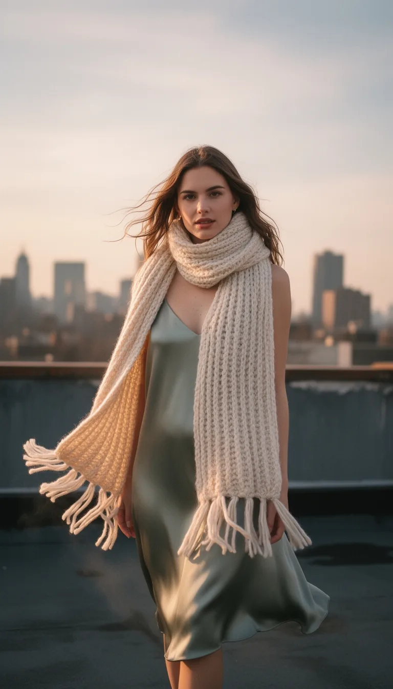 chunky scarf over slipdress