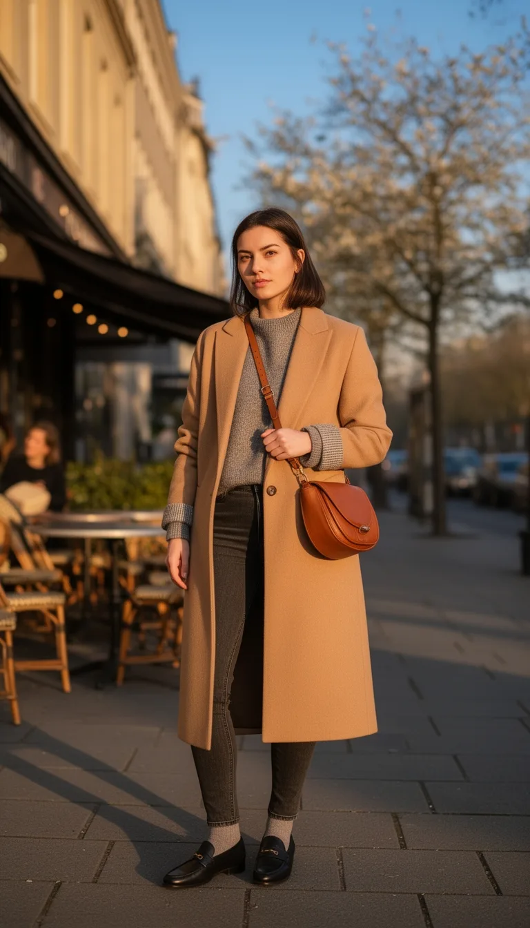 neutral oversized coat over cashmere