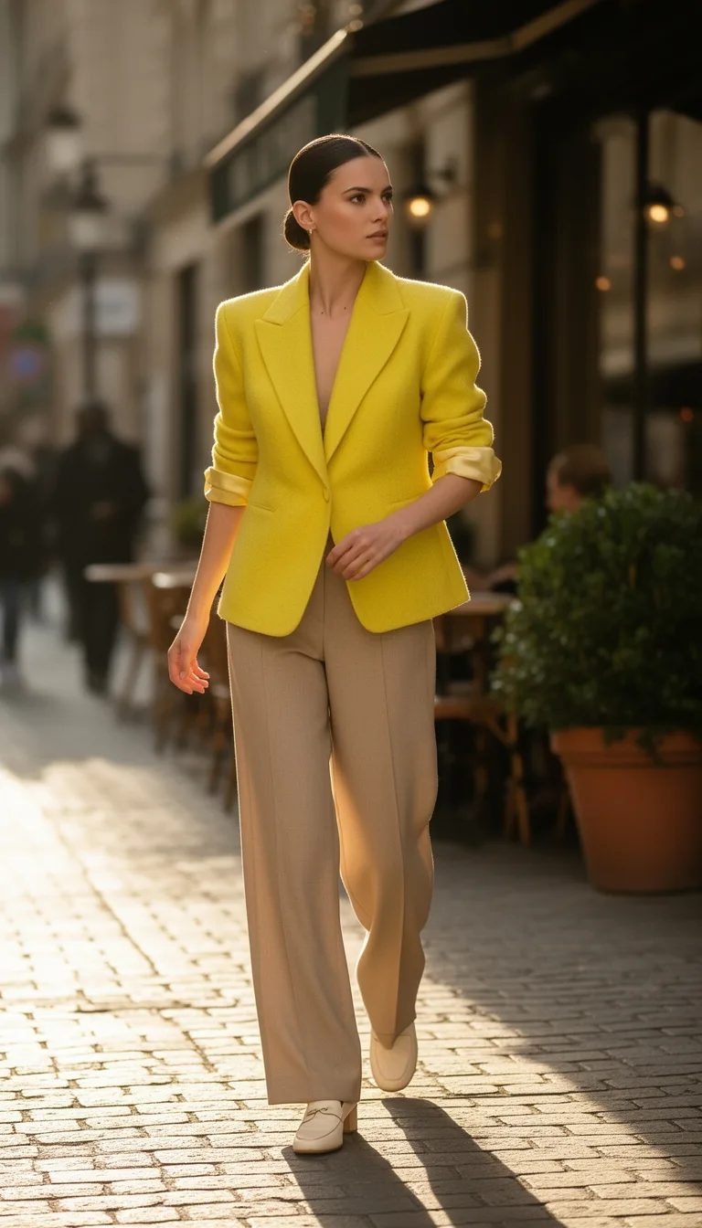 bright blazer neutral trousers silhouette