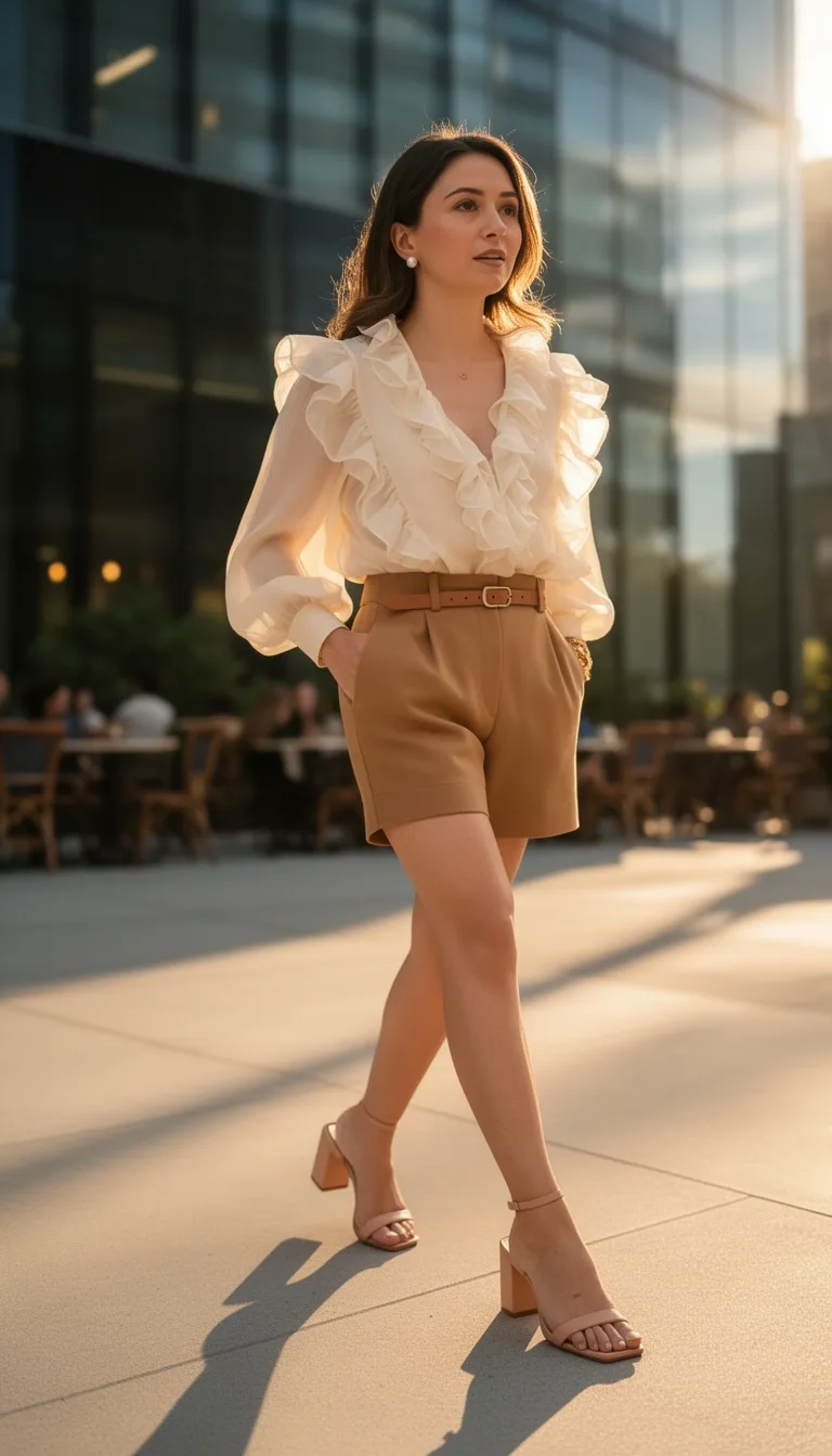 ruffled blouse tailored shorts
