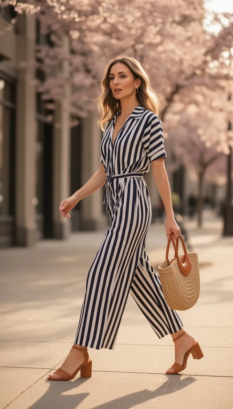 striped jumpsuit with block heels