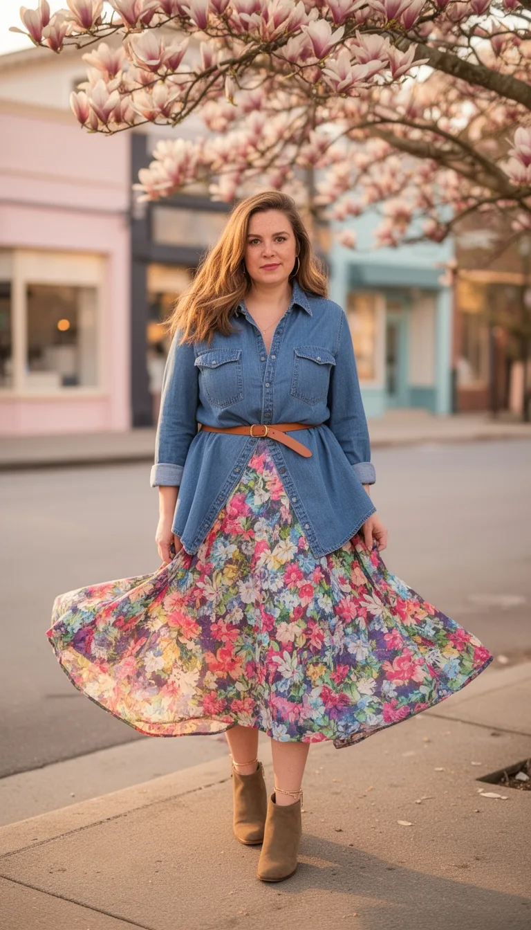 denim belted floral wrap dress