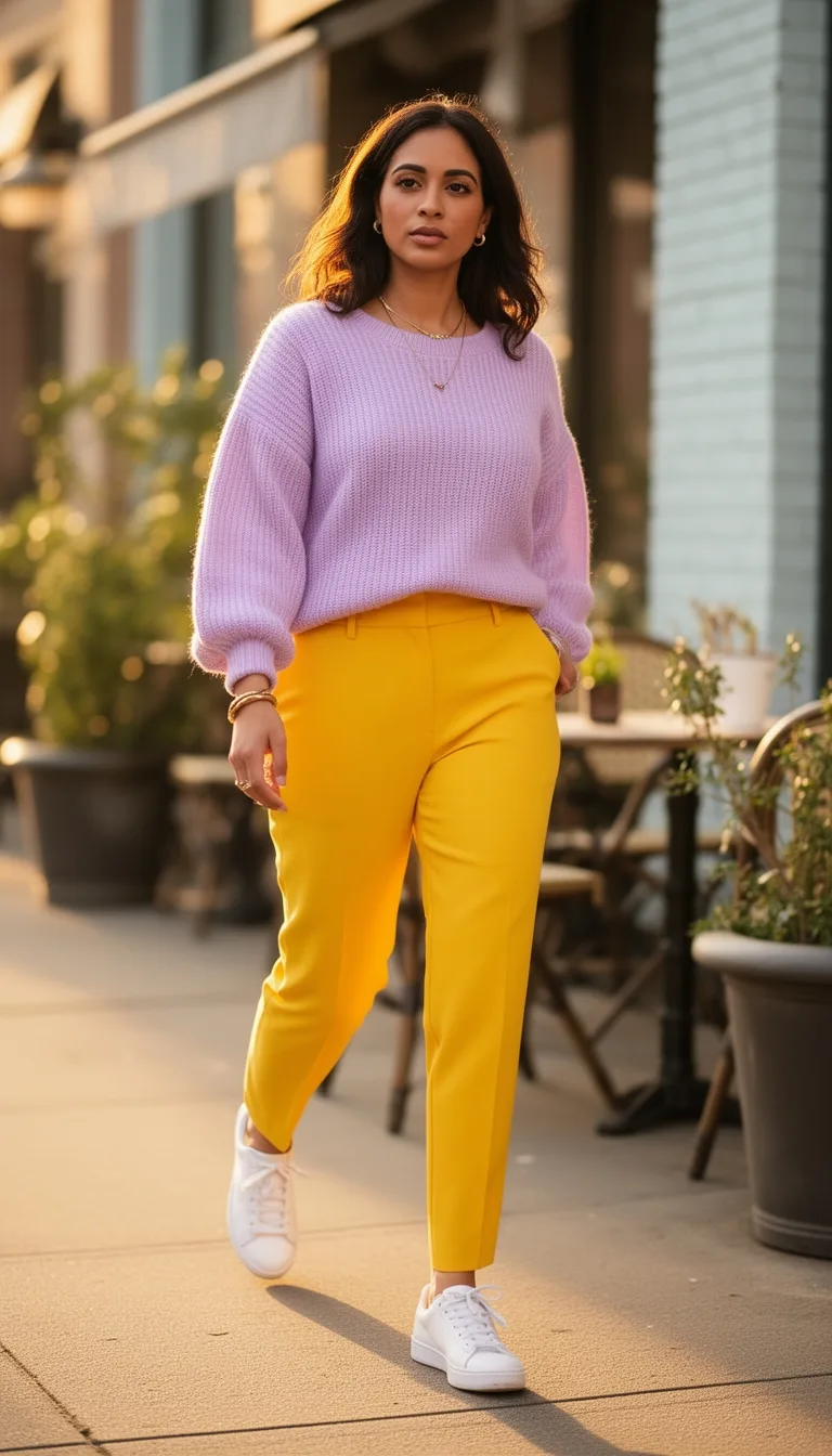 pastel sweater bright trousers