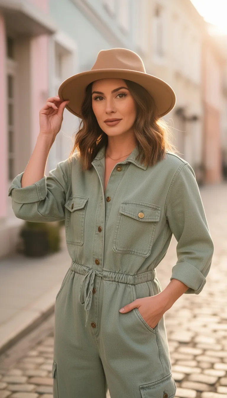 utility jumpsuit wide brim hat