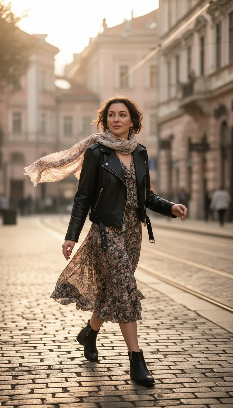 leather moto jacket and midi