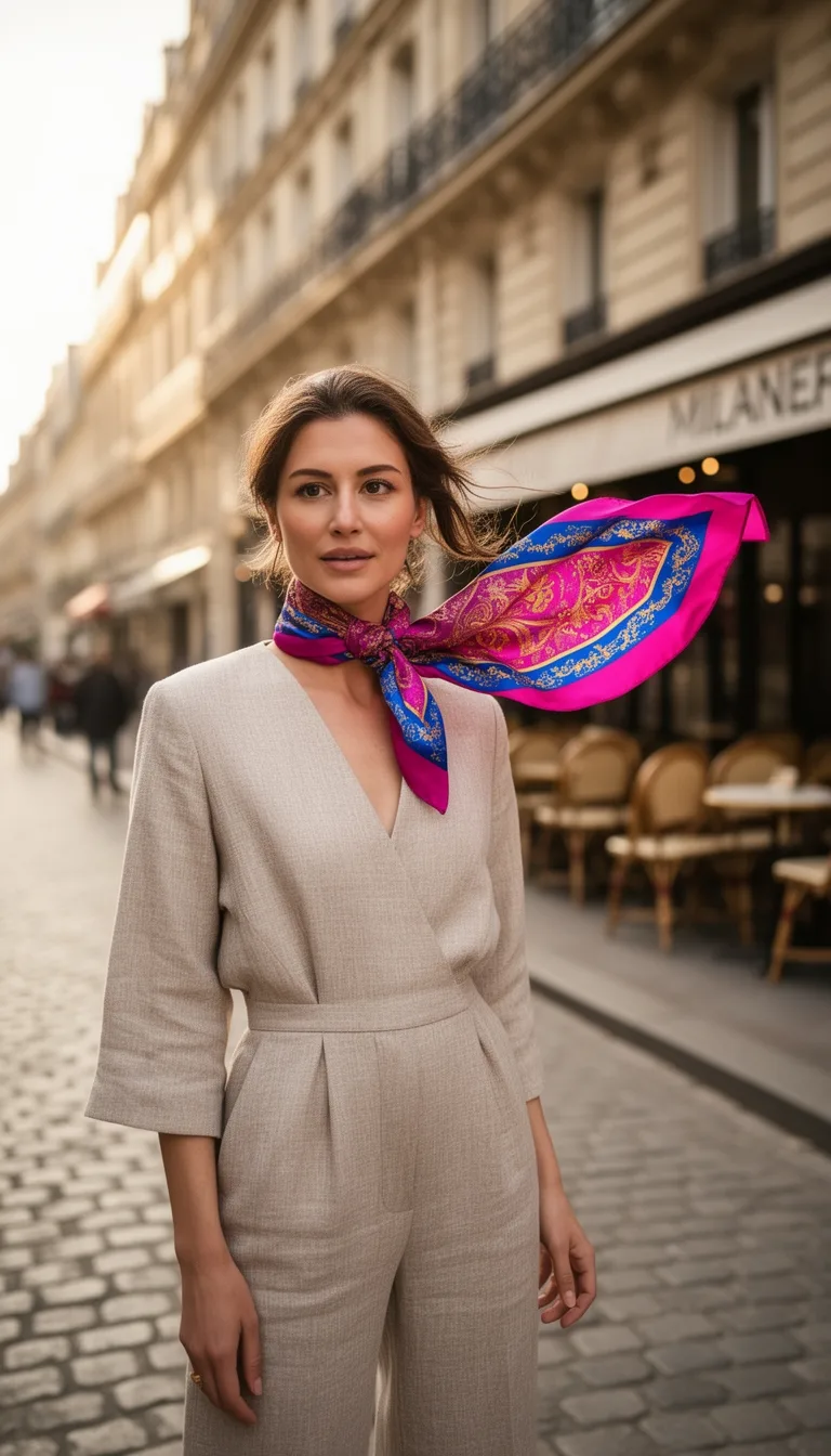 silk scarf brightens jumpsuit