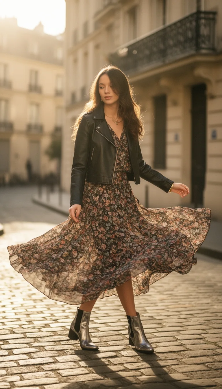 cropped moto jacket with chiffon