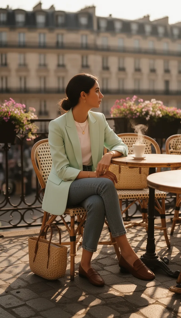 pastel blazer elevates white tee