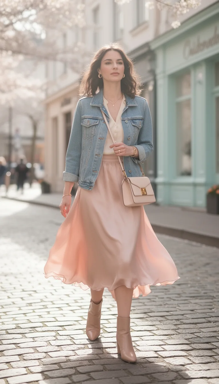 denim jacket silk skirt