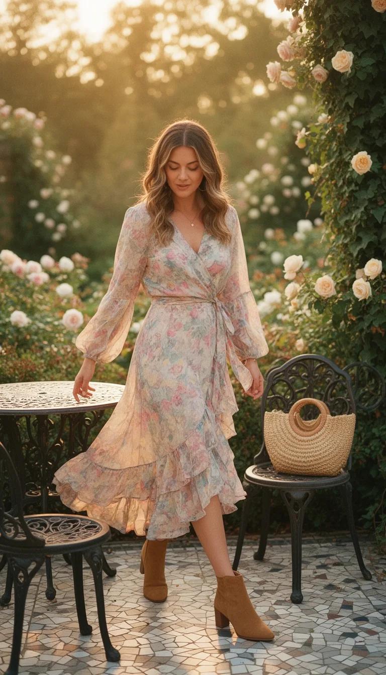 floral wrap dress tan boots