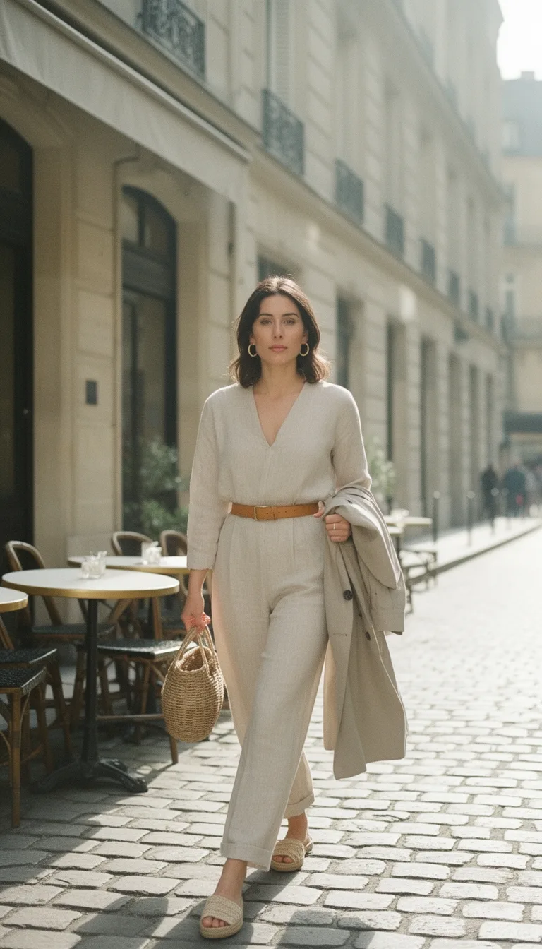 belted linen jumpsuit ensemble