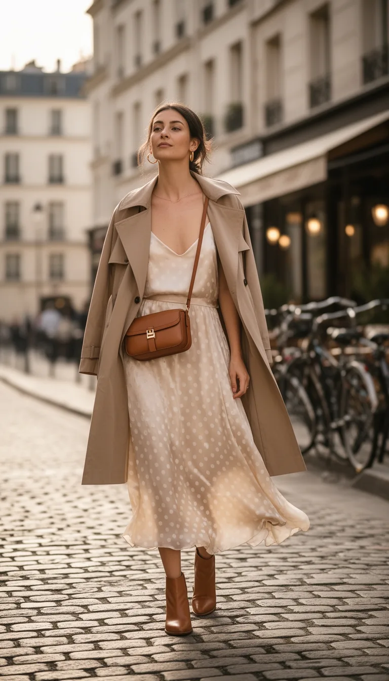 trench coated polka dot slipdress ensemble