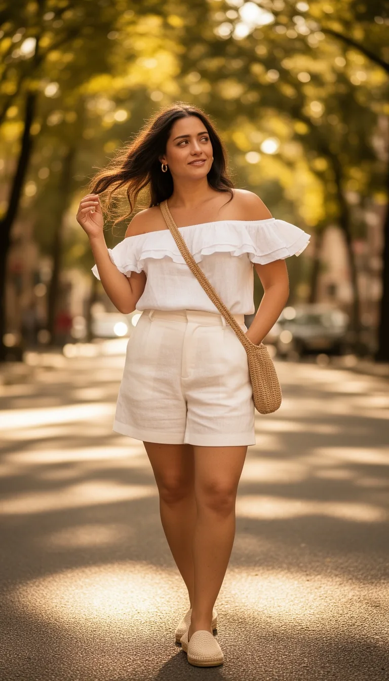 ruffled off shoulder tailored shorts