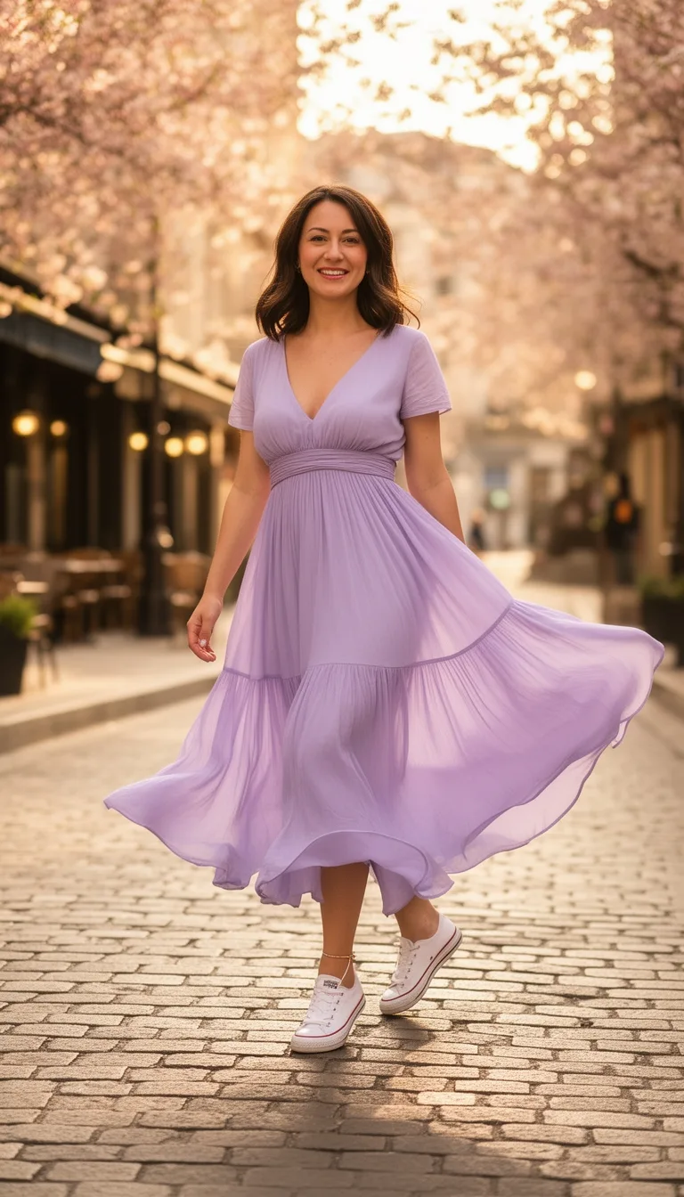 pastel maxi dress with sneakers