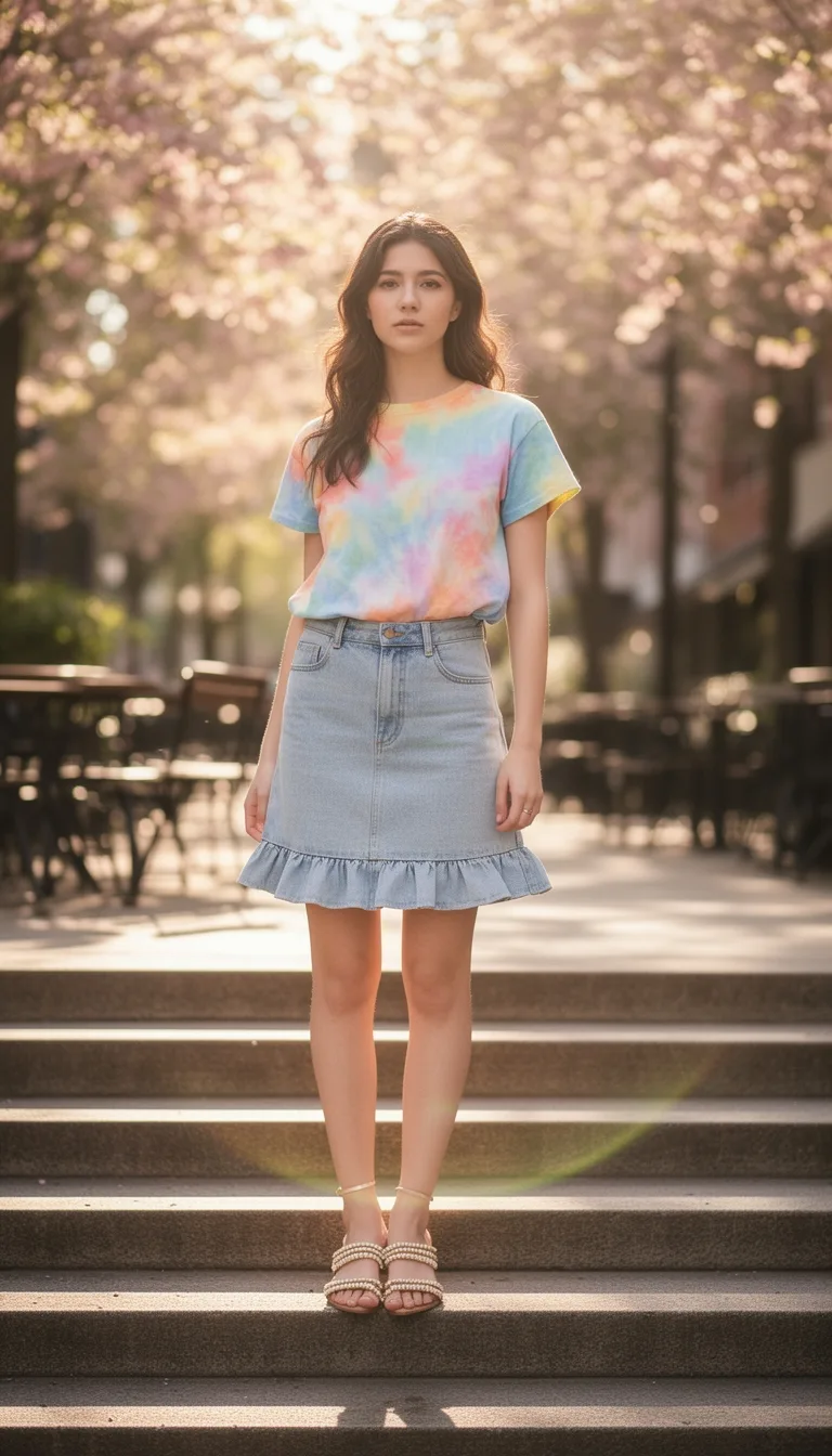 pastel tie dye denim ensemble
