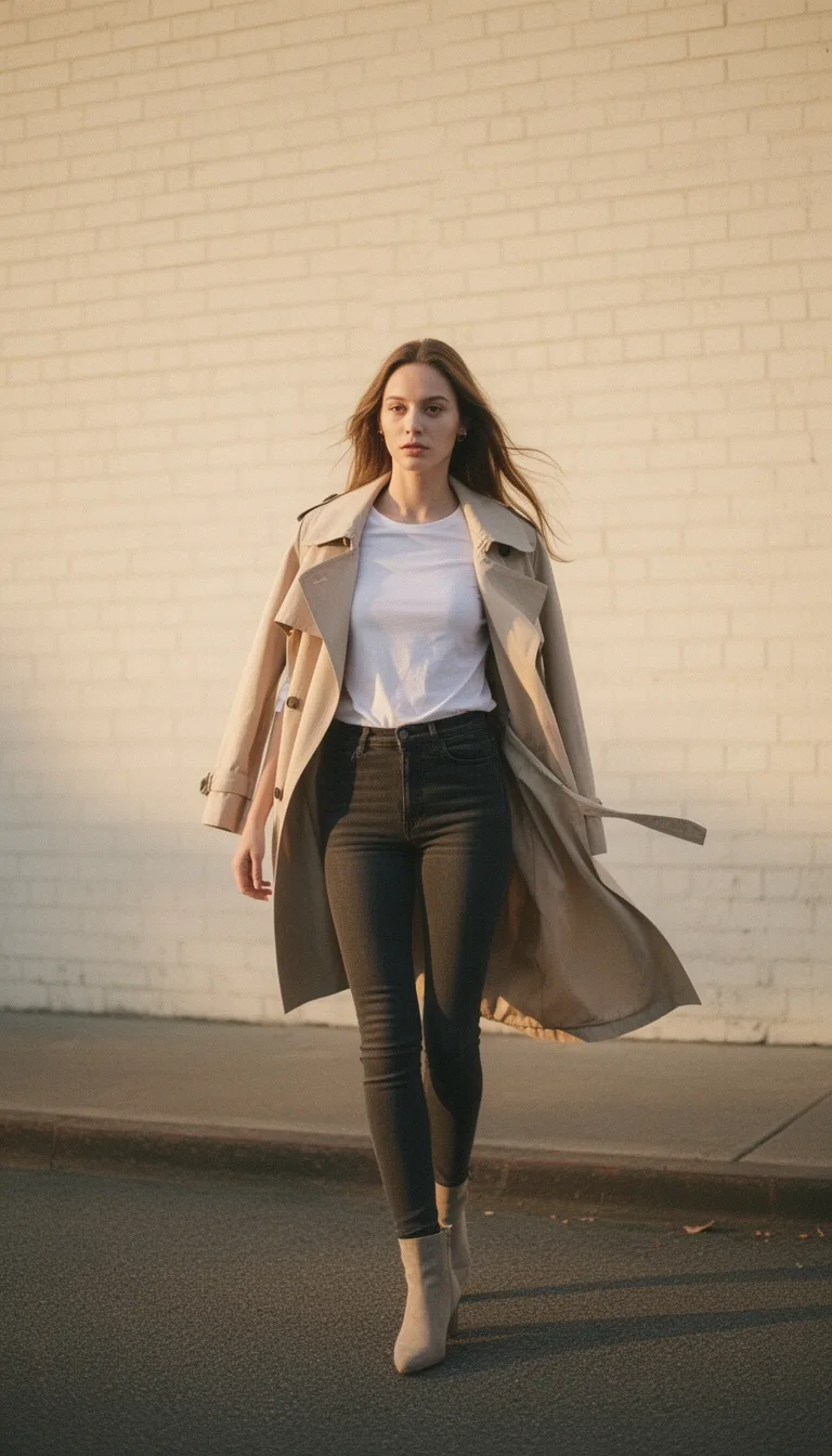 light trench tucked jeans