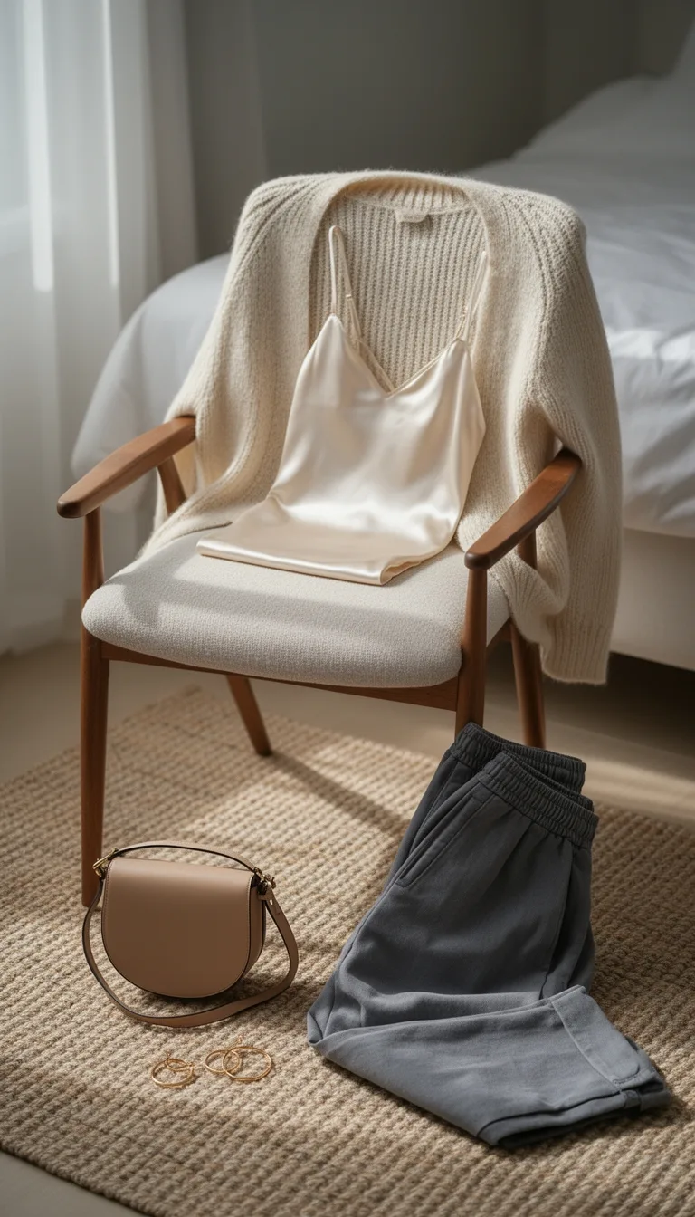 knit cardigan silk camisole joggers