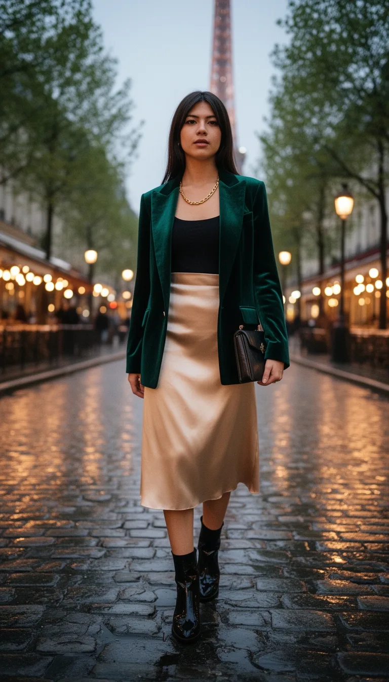 velvet blazer satin skirt